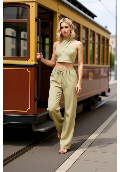 Benerly Kadın Alt Üst Keten Görünümlü Dokuma Crop Bluz Geniş Paça Pantolo Açık Haki