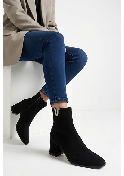 Luvi Shoes Lean Siyah Süet Tokalı Kadın Kalın Topuklu Bot