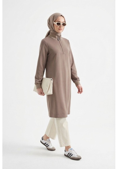 Armine Fermuar Detaylı Basic Tunik Vizon