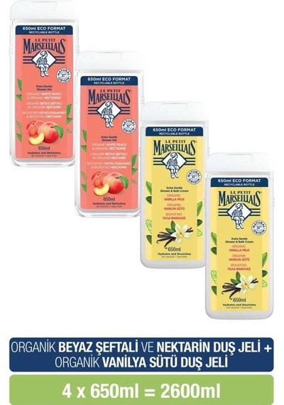 Le Petit Marseiliais Beyaz Şeftali ve Nektari + Vanilya Sütü Duş Jeli 4 x 650 ML