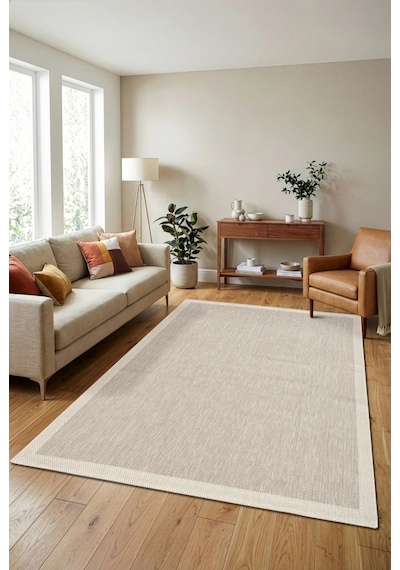 Çerçeveli Bohem Dokunuşlu Doğal Tonlarda Modern Sisal Bej - Krem Renk Halı Krem