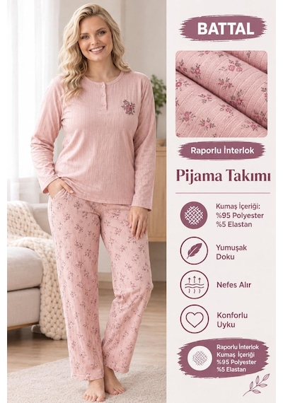 Boyraz Lindros Kadın Düğme Yaka Raporlu İnterlok Kışlık Battal Pijama Takımı 03017 - 1 Adet Pudra Boyraz Lindros Kadın Düğme Yaka Raporlu İnterlok Kışlık Battal Pijama Takımı 03017 - 1 Adet Pudra