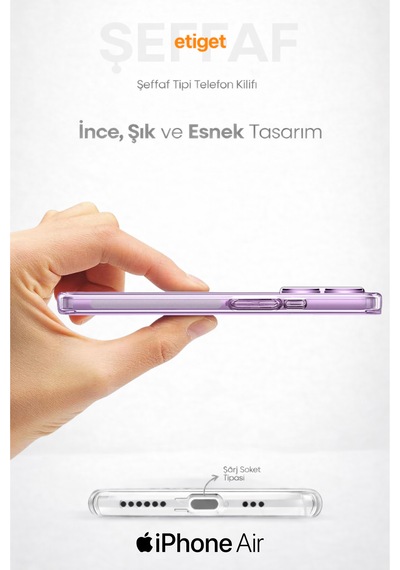 Apple Uyumlu iPhone Air Şeffaf Silikon Kılıf Şarj Yeri Tıpalı, Kenarları Kaymaz Şeffaf