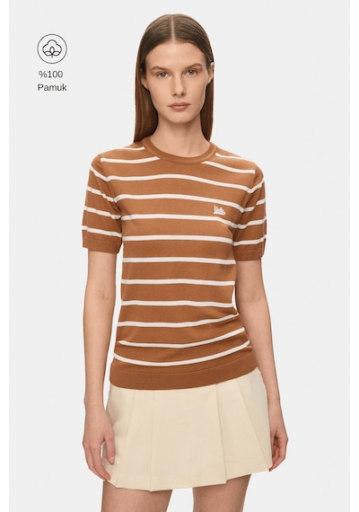 Ucla Mısha Kahve Çizgili Bisiklet Yaka Triko Nakışlı %100 Pamuk Standard Fit Kadın Tshirt Kahverengi
