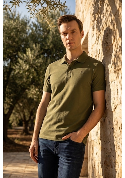 Süvari Slim Fit Düz Baskısız Pike Düğmeli Polo Yaka Nefes Alabilen T-shirt Haki