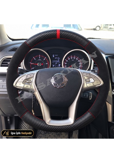 Ssangyong Xlv Dikme Direksiyon Kılıfı Alcantara Süet Mat Karbon Kırmızı Yüzük Ve Dikiş Uzun Tivoli-comfort-elegant 2016-2020 Siyah