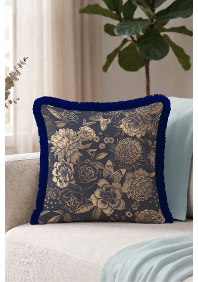 Çiçekli Vintage Floral Saçaklı Yastık Kılıfı - Botanik Lacivert Bej Lacivert Püsküllü Kırlent Kılıfı Sessiz Ufuk Mira