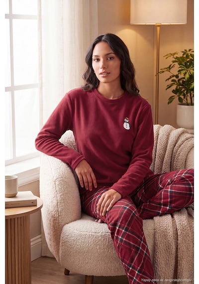 Lela Ekose Desenli Bisiklet Yaka Yumuşak Polar Pijama Takımı Kadın Pijama Takımı 6097059k Bordo