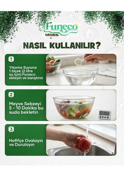 Funeco Natural Meyve & Sebze Yıkayıcı 350g 100 Kullanımlık - Bitki Ve Mineral Bazlı Temizleyici Toz Kahverengi