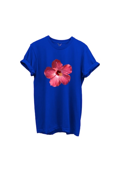 Pembe Tropik Hibiskus Çiçekli Kadın %100 Pamuk Regular Fit Bisiklet Yaka T-shirt Mavi