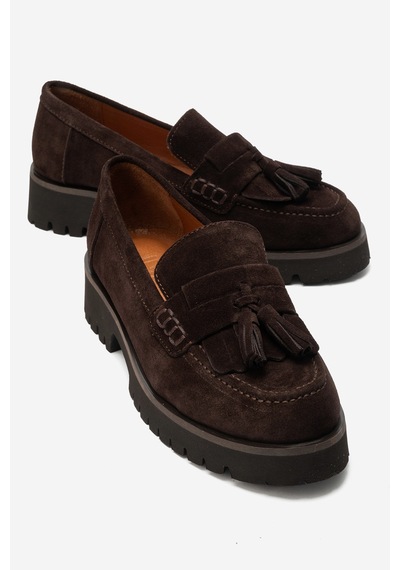 Luvi Shoes Poen Kahverengi Süet Hakiki Deri Püsküllü Kadın Loafer Ayakkabı