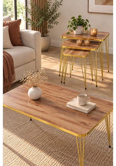 Sulorahome Ceviz Desenli Gold Metal Ayaklı 4'lü Sehpa Seti Ceviz - Altın