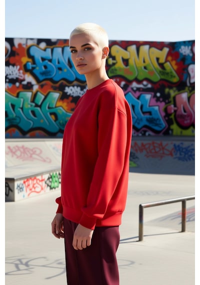 Benerly Kadın Bisiklet Yaka Düşük Kol Oversize Kalın Örme Sweatshirt Fonk Kırmızı