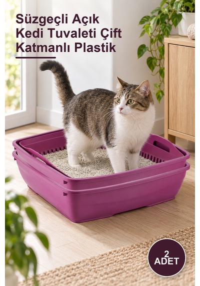 2 Adet Süzgeçli Açık Kedi Tuvaleti Çift Katmanlı Plastik