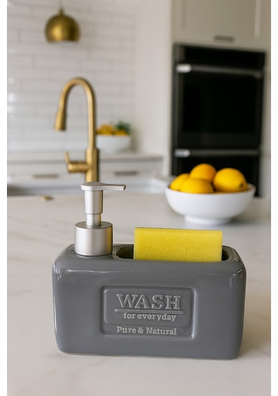 Makri Home Şık Ve Fonksiyonel Seramik Süngerlikli Sıvı Sabunluk/deterjanlık, Gri, 500 Ml
