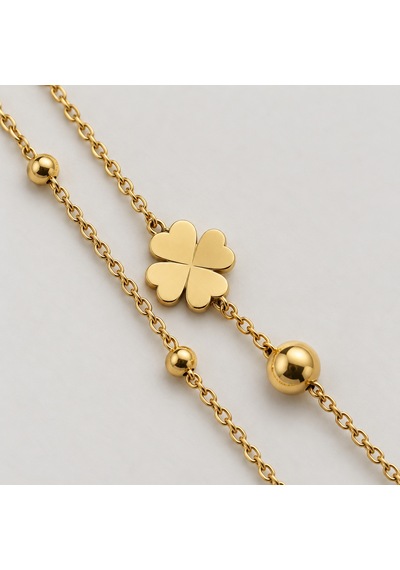 Lucky Aura Gold Yonca Motifli Çift Sıra Kadın Bileklik 316l Paslanmaz Çelik Renkli