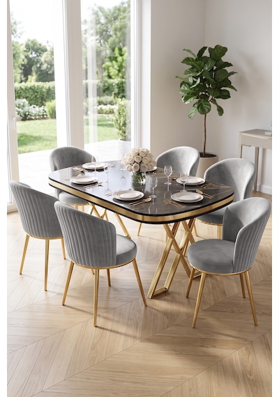 Nisare Serisi 90x168 Lak Panel Siyah Mermer Desen Masa Takımı Gold Ayaklı 6 Sandalye Siyah Mermer Masa Gri Sandalye Nisare Serisi 90x168 Lak Panel Siyah Mermer Desen Masa Takımı Gold Ayaklı 6 Sandalye Siyah Mermer Masa Gri Sandalye