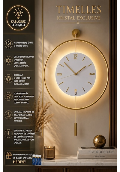 MetaQuartz Aksesuar (Büyük Boy-50*75 cm) İskandinav Kristal Ledli Pilli Duvar Saati Gold