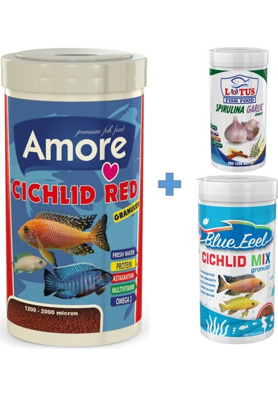 Cichlid Red 1L Ciklet Mix 250ml Spirulina Garlic 100ml Balık Yemi