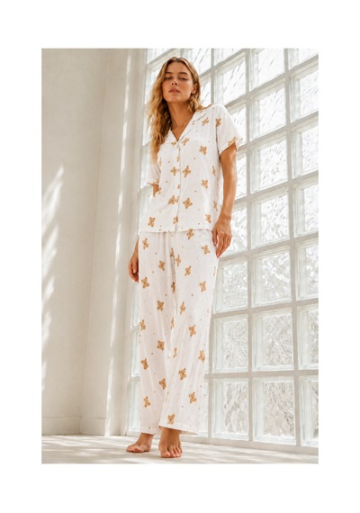 Fit Women Kadın Genç Loose İpliği Boyalı Kırık Beyaz Pijama Takımı