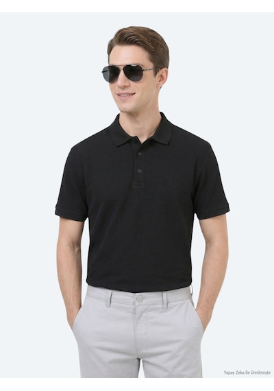 Kip Siyah Düz Polo Yaka %100 Pamuk T-shirt siyah black
