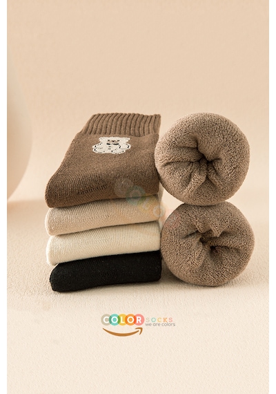 5 Çift Havlu Teddy Desenli Kışlık Kadın Çorap Isı Emici Çok Renkli