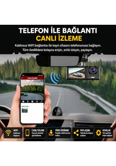 Bagajon C309 3 Kameralı Araç İçi Kamera Full Hd 1080p Ön İç Arka Kamera Gece Görüşlü 150 Geniş Açı G-sensör Döngü Kayıt Dash Cam