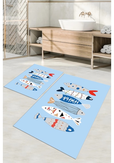 Buççin Online Mağaza Dijital Baskılı Yıkanabilir Renkli Balık Desenli Banyo Paspası Klozet Takımı Polyester Mavi Çok Renkli