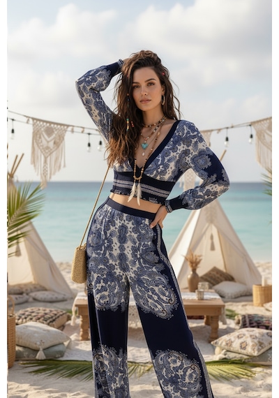 Fashion Cocktail V Yaka Hint Şal Desenli Bohem Yazlık Sahil Kadın Viskon Kollu Krop Pantolon Takım Lacivert Fashion Cocktail V Yaka Hint Şal Desenli Bohem Yazlık Sahil Kadın Viskon Kollu Krop Pantolon Takım Lacivert