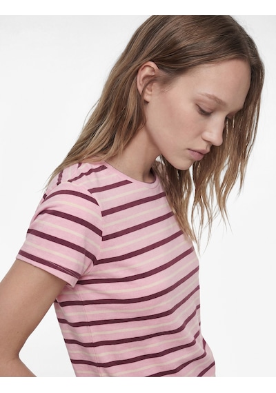 Koton Çizgili Pamuklu Bisiklet Yaka Kısa Kollu Slim Fit Tişört Pembe Çizgili 6sal10537ık