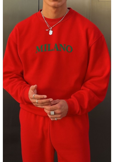 Benroma 3 İplik Penye Milano Baskılı Unisex Sweatshırt Kırmızı