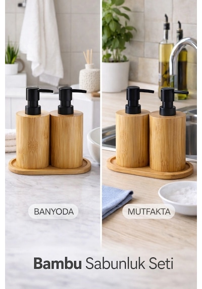 Buççin Online Mağaza 2li Bambu Sabunluk Seti Hands Dishes Mutfak Banyo Sıvı Sabunluk 500ml Doğal Bambu Stantlı Retro Set Çok Renkli
