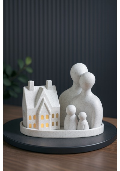 Aile Figürlü Ev Mumluk Seti Mermer Beyaz Dekoratif Tealight Gece Lambası 20 Cm Mermer Desenli