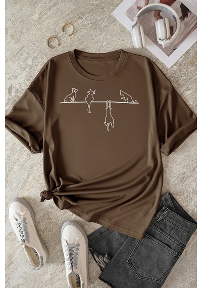 Unisex Kedi Baskılı Oversize Tshirt Kahverengi