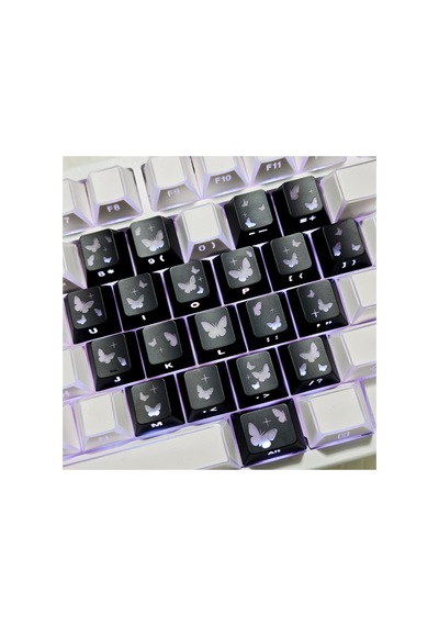 Leaven Kelebek Desenli Kare Tasarım Keycap Tuş Takımı Pbt - Rgb Uyumlu Işık Geçirgen - Siyah