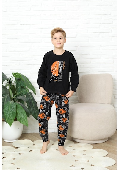 Yeni Stil Sonbahar/kış Erkek Çocuk Basketball Desenli Polar Pijama Takımı 4562 Siyah