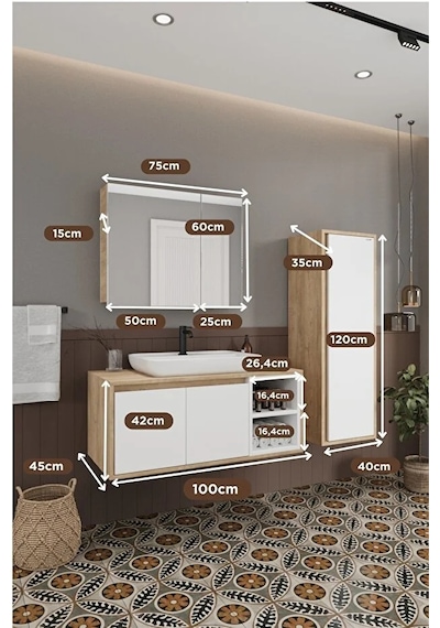Lale Beyaz 100 Cm %100 Mdf Lavabolu Banyo Dolabı + Aynalı Dolap + Boy Dolabı Beyaz Meşe Lale Beyaz 100 Cm %100 Mdf Lavabolu Banyo Dolabı + Aynalı Dolap + Boy Dolabı Beyaz Meşe