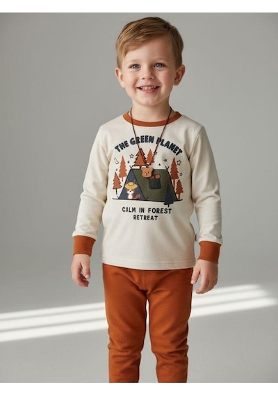 Zekids Erkek Çocuk The Green Planet Yazılı Uzun Kollu Pijama Takımı-16841 Bej