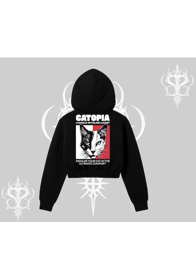 Modern Kedi Temalı Arka Baskılı Kapşonlu Crop Sweatshirt Siyah