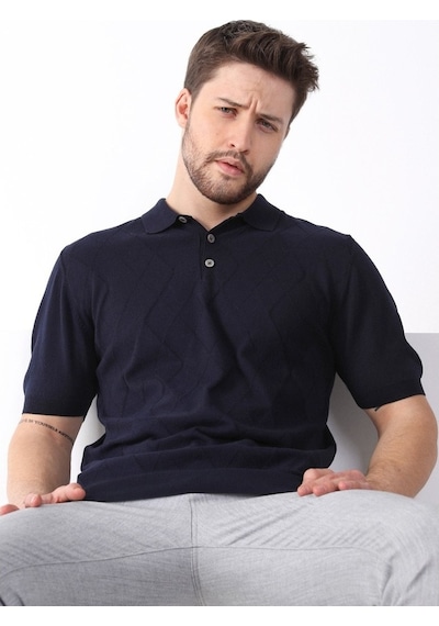 Ferraro Lacivert Polo Yaka Baklava Desen Erkek Pamuk Triko T-Shirt Lacivert