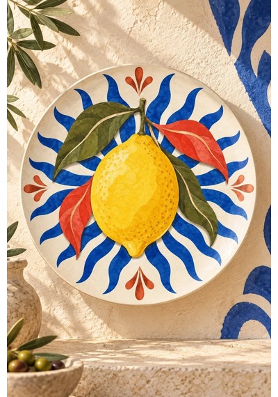 Dekoratif Duvar Tabağı Kâğıt Bahçede Limon Dekorlu Seramik Tabak Bej
