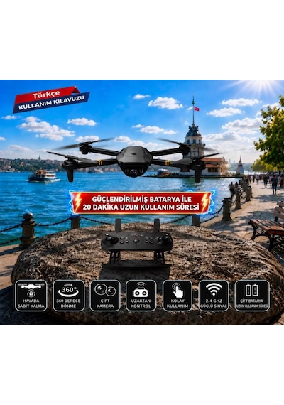 Hd Kamera Katlanabilir Gövde Türkçe Kılavuz Ve Uygulama Destekli 360 Derece Dönebilen Taşıma Çantalı Çift Bataryalı Drone