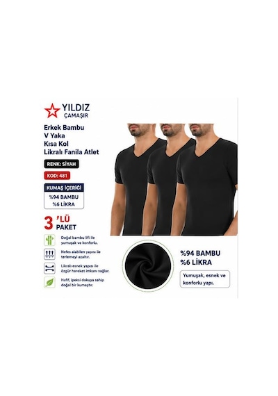 Yıldız Çamaşır Erkek Bambu V Yaka Kısa Kol Likralı Fanila Atlet 480-481-482 - 3 Adet Siyah