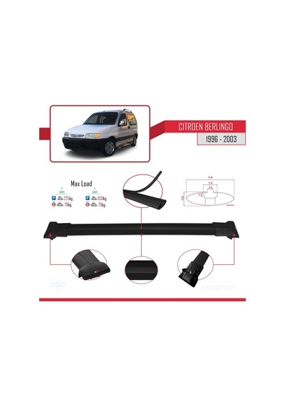 Citroen Berlingo 1996-2003 Arası İle Uyumlu Fly Model Ara Atkı Tavan Barı Siyah 3 Adet Bar
