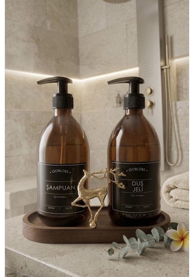 Sabunluk Amber Şişe Cam İkili Şampuan-duş Jeli Banyo Düzenleyici Lüks Gold Geyik Ahşap Standlı 500ml