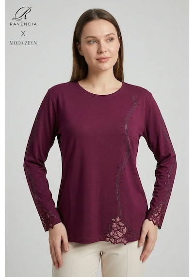 Kadın Bordo Sarmal Şerit Desenli Dantelli Nakışlı Taşlı Yırtmaçlı Likralı Anne Penye Bluz