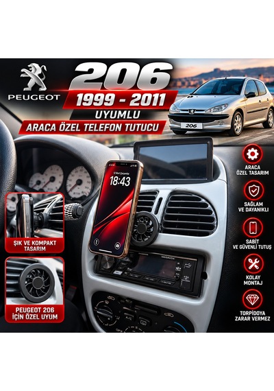 Peugeot 206 Uyumlu Araç Içi Premium Telefon Tutucu - Araba Telefon Tutacağı Havalandırma Için