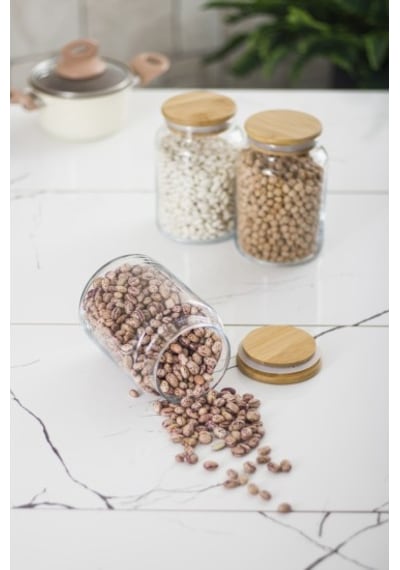 3 Lü Set Bambu Kapaklı Cam Kavanoz & Erzak Saklama Kabı 800 Ml Orta Boy Vakum Kapak Diğer