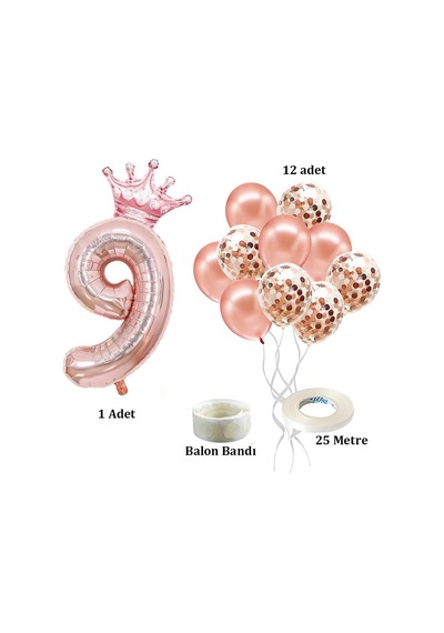 9 Rakam Rose Gold Folyo Balon, Kral Tacı Ve Konfetili Rose Gold Balon