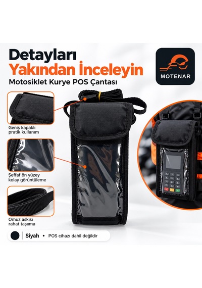 Motenar Motosiklet Kurye Pos Çantası Şeffaf Pencereli Siyah
